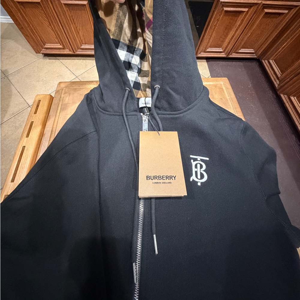 Burberry Black Hooded Jacket with White TB Monogram